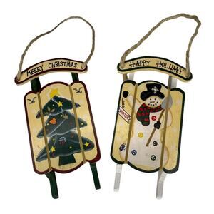 Wooden Sled Ornaments Set of Two Christmas Tree and Snowman Designs